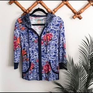 Free People Floral Thermal Hooded Zip Up Sweater M